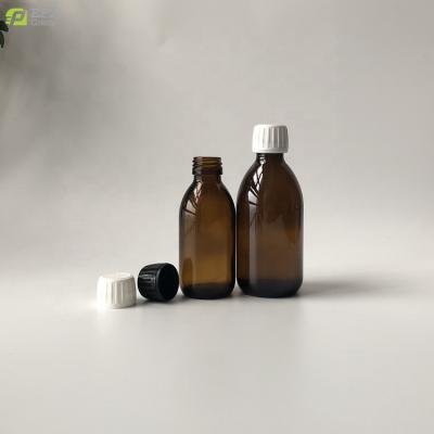 China 90/125/150/180ml Amber Glass Liquid Pharmaceutical Bottle w/Black Medicine Tamper Evident Screw Cap for sale