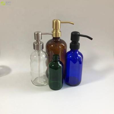 China 4oz 8oz 16oz 32oz Big Round Amber Clear Green Blue Glass Boston Cosmetic Bottles W/Metal Lotion Soap Dispenser Pump for sale