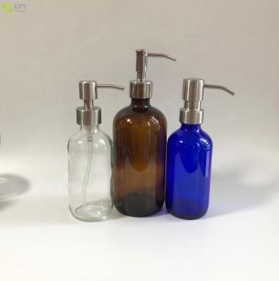 China Personal Care 250ml 500ml 304 Metal Pump Recycled Amber Flint Blue Glass Soap Dispenser Brown Pump Bottle Lotion Shampoo for sale