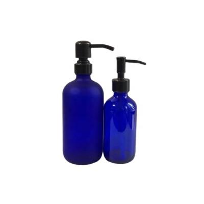 China Personal Care 4oz 8oz 16oz 32oz Boston Care Bottle w/Lotion Liquid Soap Pump Personal Refillable Frosted Blue Glass Hand Sanitizer for sale