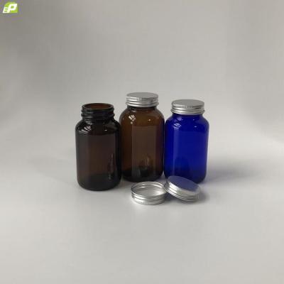 China 200ml 250ml Mouth Packer Pharmaceutical Tablet Bottle 45 Amber Cobalt Blue Glass Wide 400 Neck Finish Aluminum Closure for sale