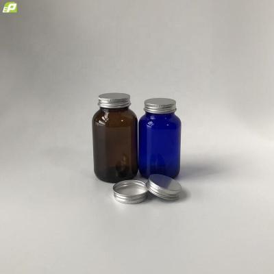 China Medicine Factory Price 200cc 250cc Round Dark Mouth Amber Cobalt Blue Glass Wide Packer Bottle For Nutraceutical for sale