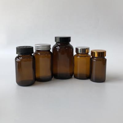 China Medicine Mouth Packer Pill Bottle 60/75/100/120/150/200/250/300/400/500cc Amber Glass Pharmaceutical Jar Wide for sale