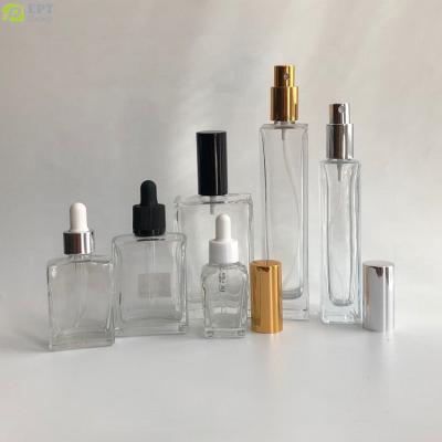 China Empty Flat Personal Care Perfume Atomizer Square Glass Bottle 15ml 30ml 50ml 100ml for sale