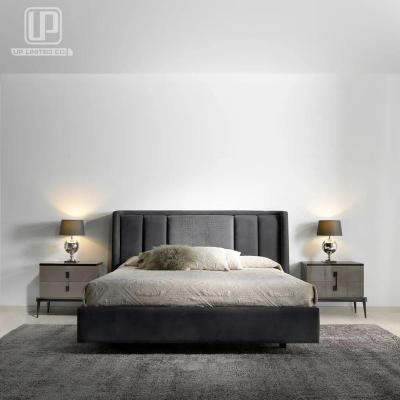 China Customized Modern Single Design Bedroom Dark Gray Fabric Upholstered Double Bed With Side Tables for sale