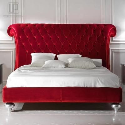 China Can Be Customized Luxurious Bedroom Furniture Italian Red Velvet Button Upholstered Large Headboard King Size Bed for sale