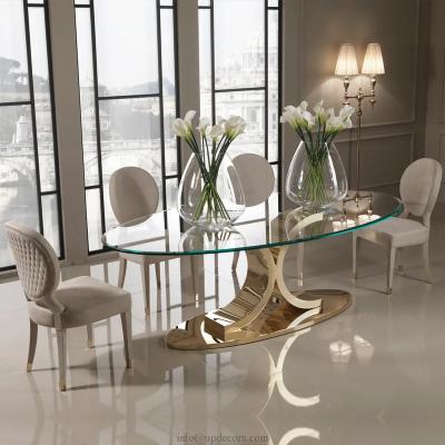 China (Others) Designer Adjustable Gold Plated Dining Room Furniture Set Custom Italian Luxury Oval Glass Stainless Steel Dining Table Set for sale