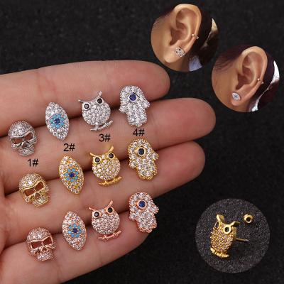 China Other New Cartoon Owl Bone Ear Studs Stainless Steel Screw Rod Stud Earrings Fine Zircon Earrings Factory Wholesale for sale