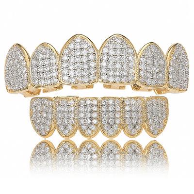 China Environmental Friendly Vampire Fangs Iced Out CZ Zircon Hip Hops Teeth Grillz Fashion 18K Gold Plated Micro Pave Zircon Teeth Grillz For Party for sale