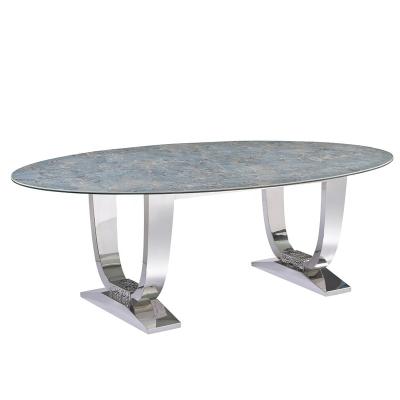 China Luxury Oval Stainless+Marble/Ceramic Dining Table Unique Design with Stainless Steel Base and Ceramic Table Top Customized for Dining Room Restaurant ODM for sale