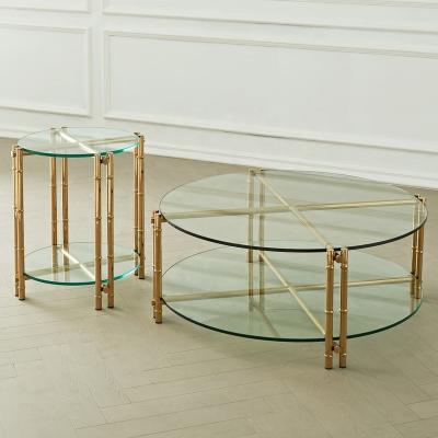 China High Quality Unique Design Stainless+Glass Handcraft Design 2 Tier Bamboo Round Stainless Steel Tube Center Glass Table For Living Room OEM ODM for sale