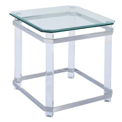 China Stainless+Acrylic+Stainless Steel Style Glass Simple And Clean Transparent Acrylic Base Beveled Square Shape Side Glass Table For Living Room OEM ODM for sale