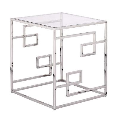 China Stainless + Glass Modern Pattern Angle And Line Color Stainless Steel Frame Design Customized Glass Table End Table For Corners Interior OEM ODM for sale