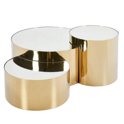 China Modern Round Stainless Steel Glass + Mirror Column 3 Piece Coffee Table Set With Sturdy Stainless Steel Base And Table Mirror Glass For Living Room OEM for sale