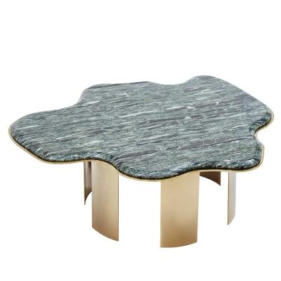 China Contemporary Irregular Shape High End Natural Green Marble Tabletop Coffee Table With Gold Color Stainless Steel Base For Living Room OEM for sale