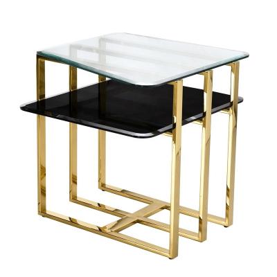 China Special eye-catching stainless + glass design side table with clean line seen stainless steel and 2 tier glass table for small corner space for sale