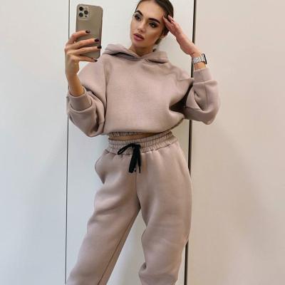 China Breathable Women Jogger Crop Fleece Oversized Two Piece Hoodies Set Sweat Suit Crop Top Hoodie For Girls for sale