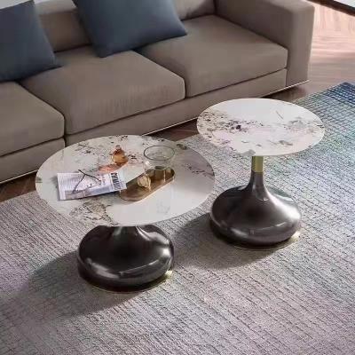 China Wholesale JS C50 Movable Commercial Furniture Hotel Apartment Center Coffee Table Gray Marble End Table With Black Round Metal Base for sale