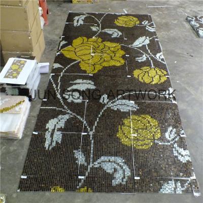 China Parquet JS MP-FP02-B Design Gold Foil Mosaic Flower Pattern Continuous Glass Brown Backsplash Slab for sale