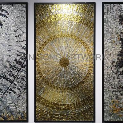 China JS ABM-CC07 Modern Glass Mosaic Wall Decorative Handmade Mosaic Tiles Living Room Abstract Hanging Circle Gold Glass Wall Mosaic for sale