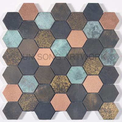 China JS YM01-CT006 Luxury Metal Mosaic Hotel Hall Traditional Hexagon Mosaic Hall Wall Tiles Design Copper for sale