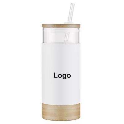 China Viable Wide Mouth Tumbler BPA Free Glass Water Bottle Travel Glass Mug with Bamboo Lid and Silicone Protective Sleeve Straw for sale