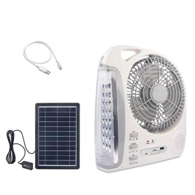 China Plastic Portable Camp DC AC Rechargeable Fan 8 Inch Electric Solar Fan With Solar Panel Speaker 24 Led Light for sale