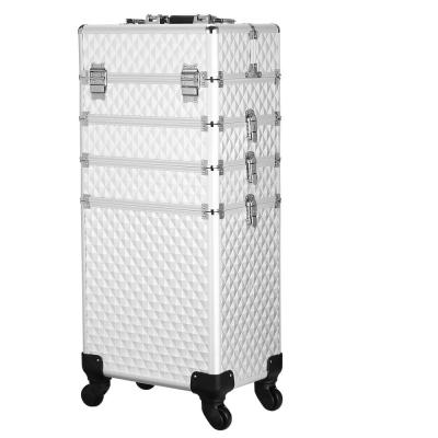 China Large Capacity 4 in 1 Professional Aluminum Makeup Trolley Case for Artists Beautician Travel Jewelry Train Case with 2 Wheels (Diamond Purple) for sale