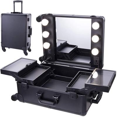 China Fashionable Black Studio Artist Rolling Makeup Train Case with Lights for sale