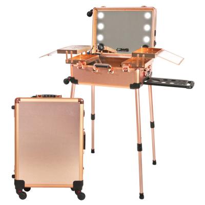 China Fashionable Promotion Studio Portable Rolling Case LED Lighted, Speakers On Go Gold Makeup Kit Box Makeup Case With Light for sale