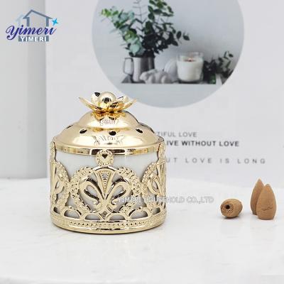 China Chinese Custom Ceramic Base Round Minimal Metal Gold Incense Arabic Censer Holder With Lid for sale