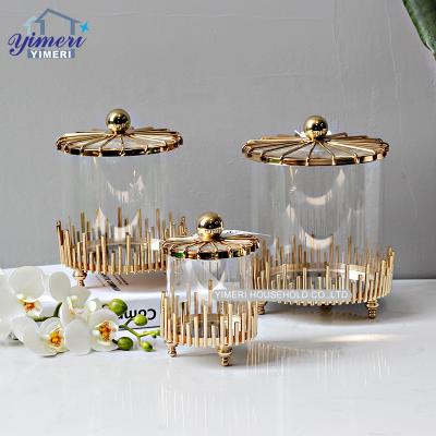 China Storage Food OEM ODM Wedding Decorative Gold Round Metal Glass Storage Candy Jar With Lid for sale