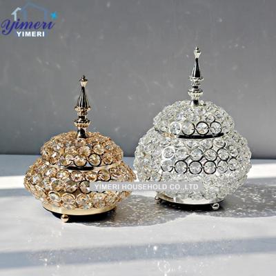 China OEM ODM Luxury Vintage Stocked Round Mirror Metal Crystal Beaded Gold Trinket Boxes For Wedding Favor for sale