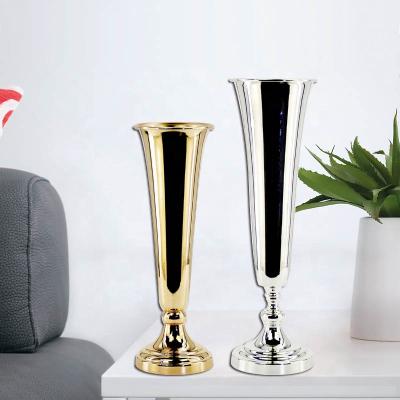 China European style trumpet shape luxury silver gold plated metal vases centerpieces for wedding table for sale