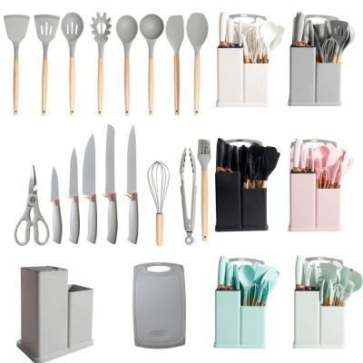 China Sustainable 19pcs in 1 set wooden handle kitchenware non stick accessories silicone cooking kitchen utensil set tools with holder box for sale