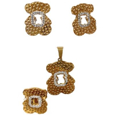 China Vintage Fashion All-match Long Chain Stainless Steel Gold Plated Bear Jewelry Set Earrings Ring Necklace Set For Women for sale