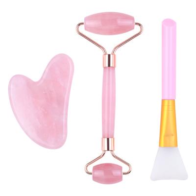 China Face Lift Pink Jade Facial Roller Stainless Steel Roller and Green Gua Sha Set for sale