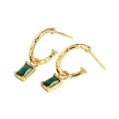 China CLASSIC 18k Gold Plated Green 925 Sterling Silver Cc Hoop Square Emerald Zircon Earring Zirconia Drop Earring for sale