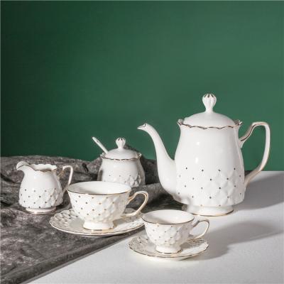 China Sustainable Embossed Wholesale Design Afternoon Tea Time Used Graceful White Porcelain Coffee Tea Set for sale