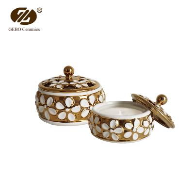 China Elegant Wholesale Perfume Candle Jar Gold Plated Decorating Luxury Ceramic Candle Jar for sale