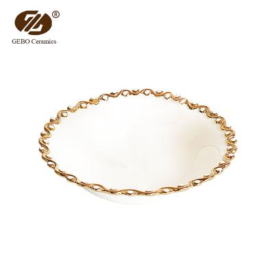 China Viable Wholesale Dinner Take Care Fruit Rim White And Gold Soup Bowls Ceramic Bowl for sale