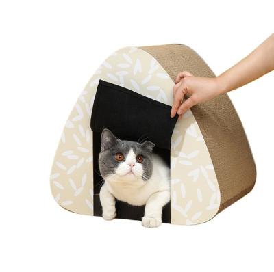 China Japanese Type Stocked Cat Onigiri House Enclosed Cat Scratch Board Cat Nest Pet Corrugated Paper Toy for sale