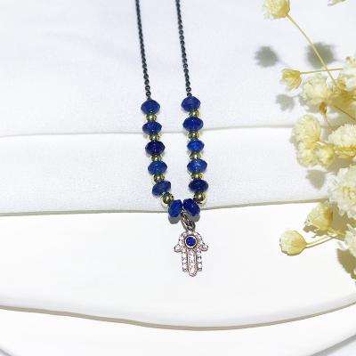 China Turkish Jewelry Crystal Hand Beaded Palm Pendant Dark Blue 925 Sterling Silver Gold Plated Vintage Eye Charm Necklace for sale