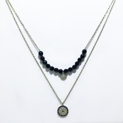 China Hot Selling Vintage 2022 Double Layer Round Crystal Stone Hand Beaded Black Pendant 925 Sterling Silver Gold Plated Necklace for sale