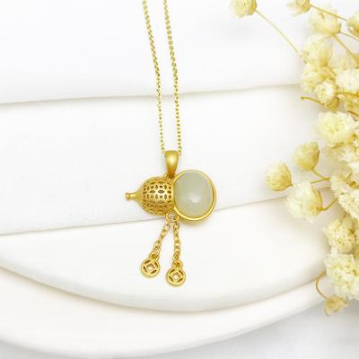 China Gold Plated High Quality Natural Hetian Jade White Jade Pendant 925 Sterling Silver Necklace Vintage Women's Jewelry for sale