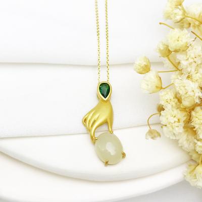 China Gold Plated Bergamot Natural Hetian Jade White Pendant 925 Sterling Silver Vintage Ladies Jewelry Necklace for sale