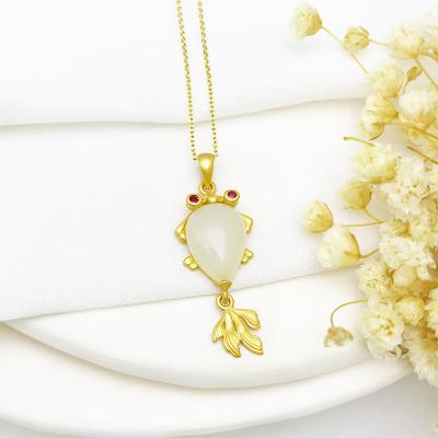 China New Design Vintage Inlaid Natural Hetian Jade Small Goldfish Pendant 925 Sterling Silver Gold Plated Necklace for sale