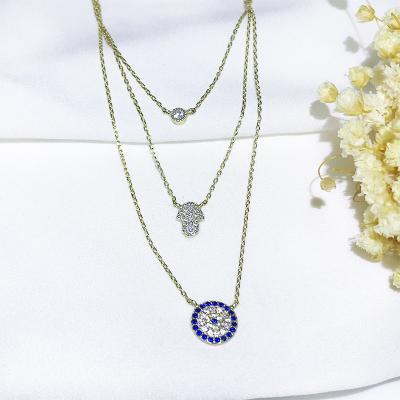 China FASHIONABLE Wholesale Turkey Sterling Silver Necklace Blue Eyes Brilliant Round Zircon Triple Pendant Chain Gold Plated Vintage Jewelry for sale