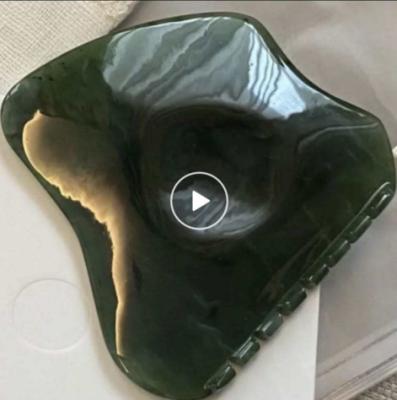 China Slimming High Quality Dark Green Nephrite Jade Guasha Scraper Slimming Natural Green Nephrite Jade Gua Sha Stone Facial Spa Massager for sale