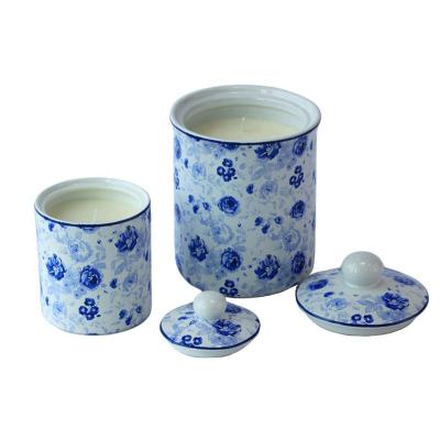 China Home Decor 12oz Blue and White Printed Empty Ceramic Candle Containers Jars with Lids for Candle Making for sale